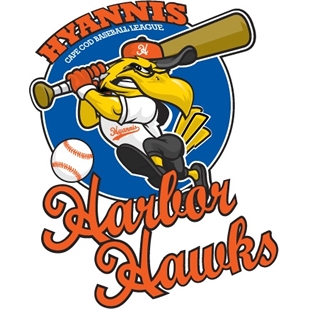 A logo for the Hyannis Harbor Hawks, featuring a cartoon bird as a baseball player.