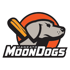 The alt text for the image is: A cartoon logo of a dog's head with a baseball bat, featuring the text "Mankato MoonDogs" b...